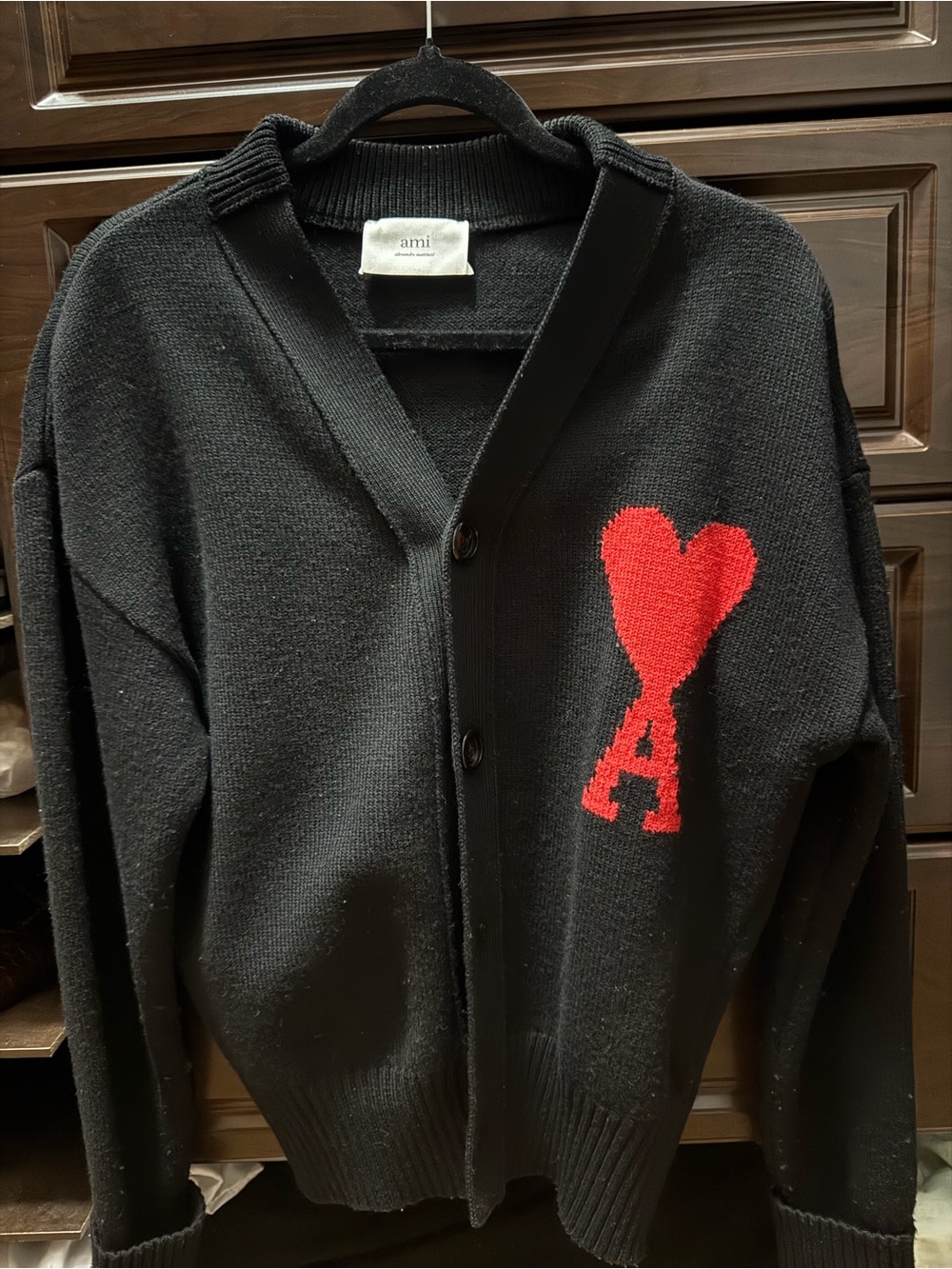 Ami Paris Black Cardigan with Red Heart 'A' Patch